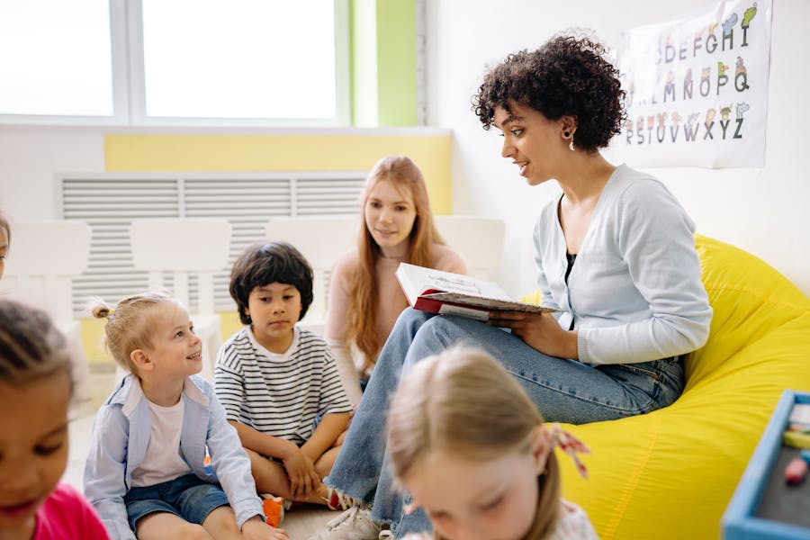 Teacher reading to group of kindergarten children